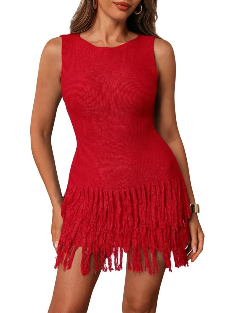 Women's Red Sleeveless Mini Crew Neck Bodycon Knit Fringe Party Club Dress